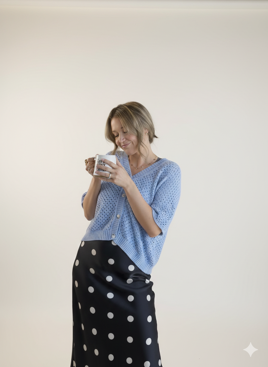 Open Knit Button-Up Sweater Top, Sky
