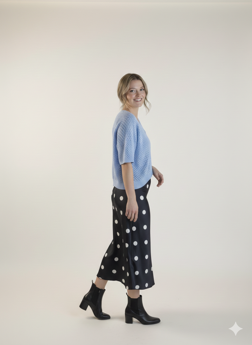 Open Knit Button-Up Sweater Top, Sky