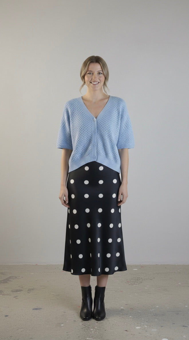 Open Knit Button-Up Sweater Top, Sky