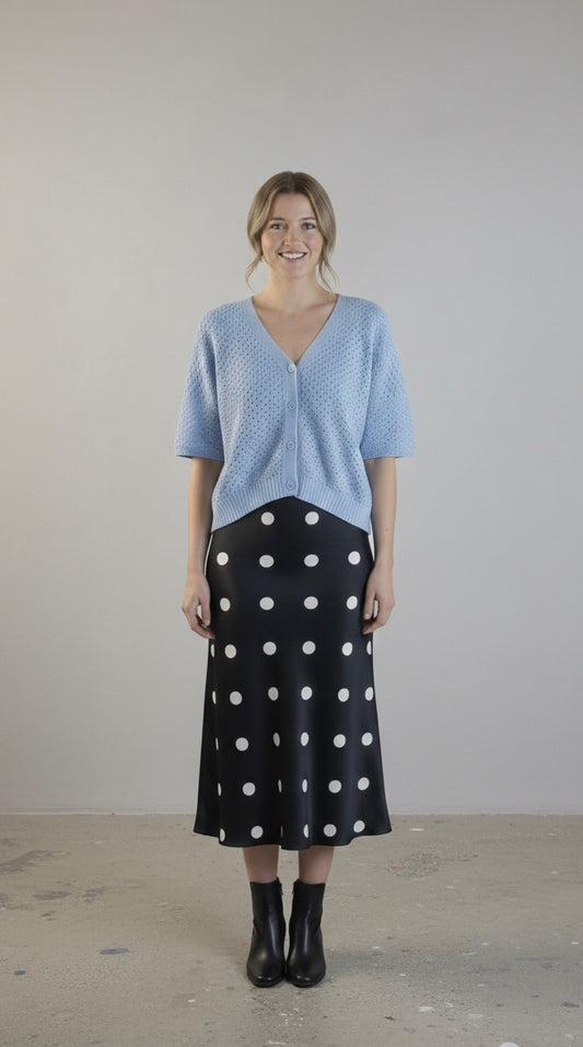 Open Knit Button-Up Sweater Top, Sky