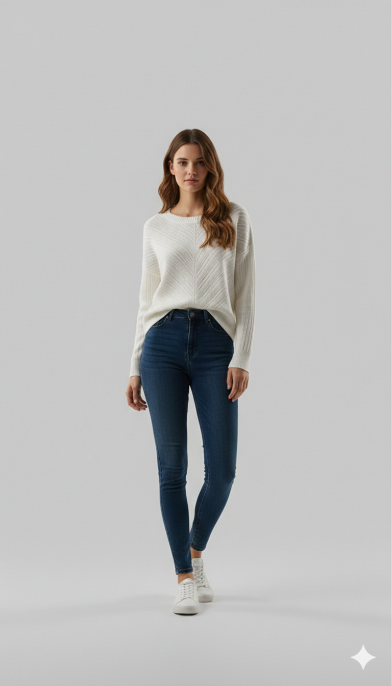 Round Neck Pointelle Sweater- White