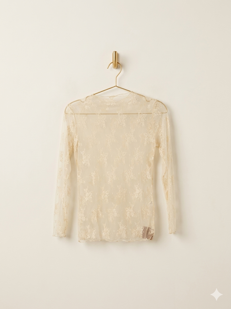 Lace Sheer Mesh Top, Beige