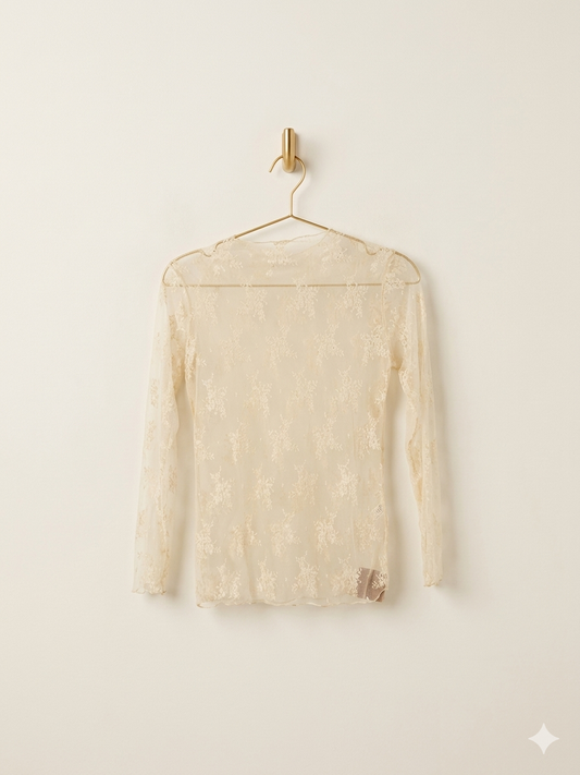 Lace Sheer Mesh Top, Beige