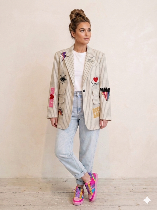Amour Pinstripe Blazer, Ecru