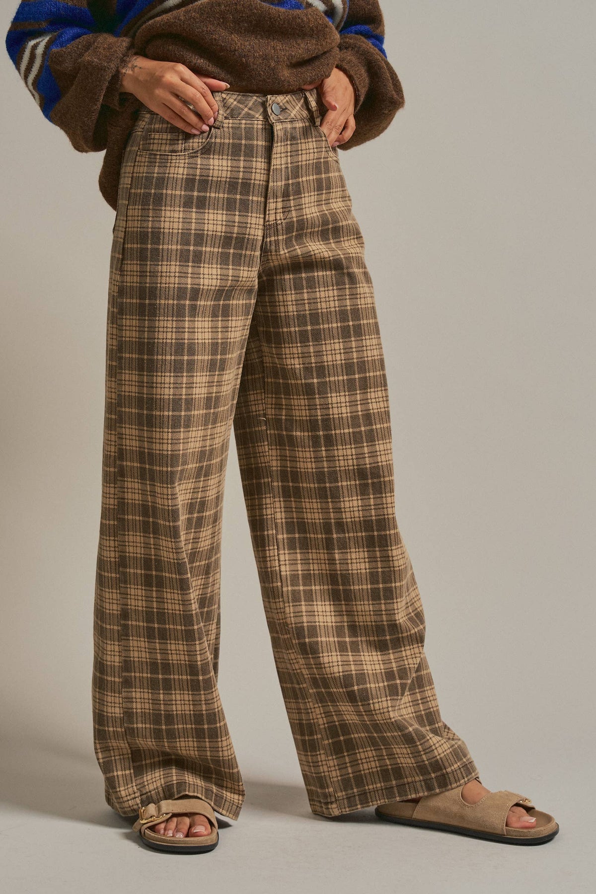 Glen Plaid Wide Leg Pants - Brown