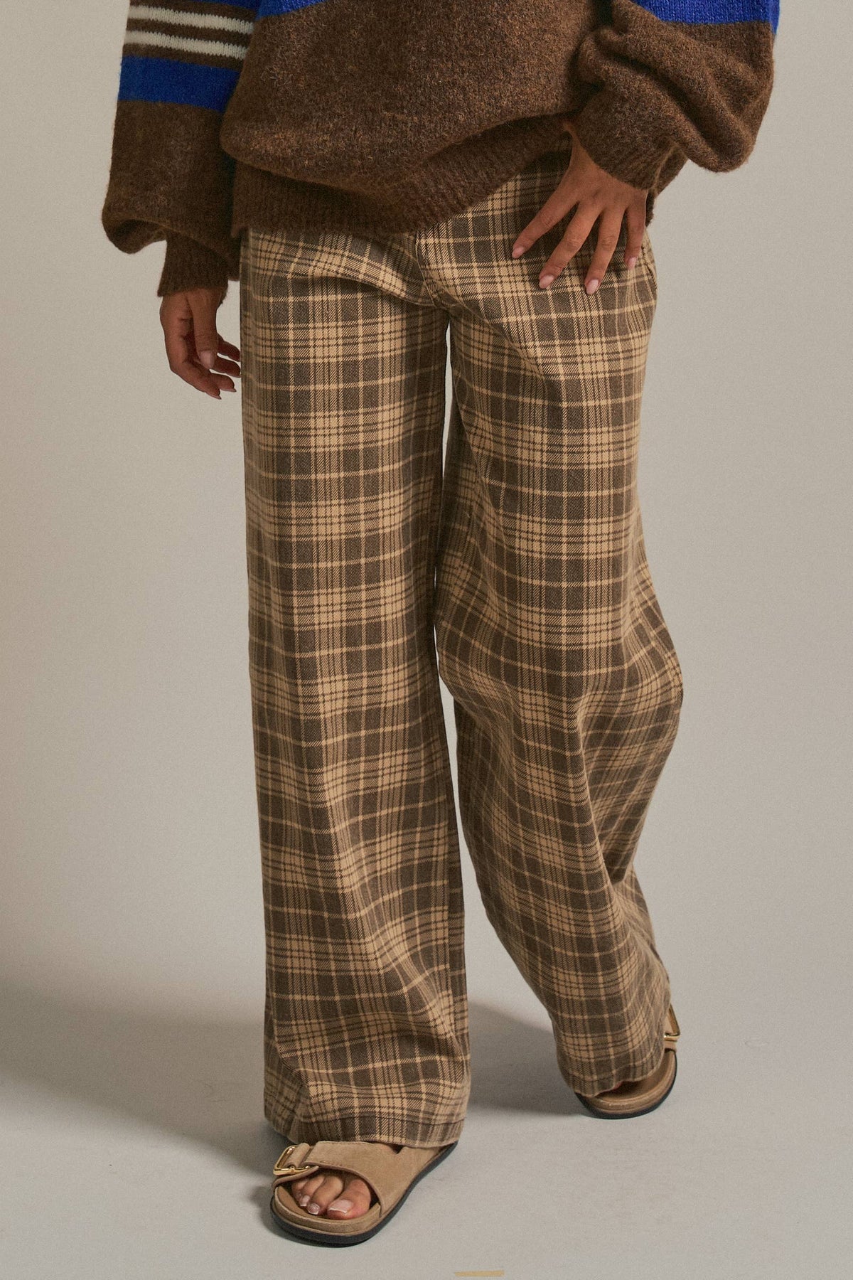 Glen Plaid Wide Leg Pants - Brown