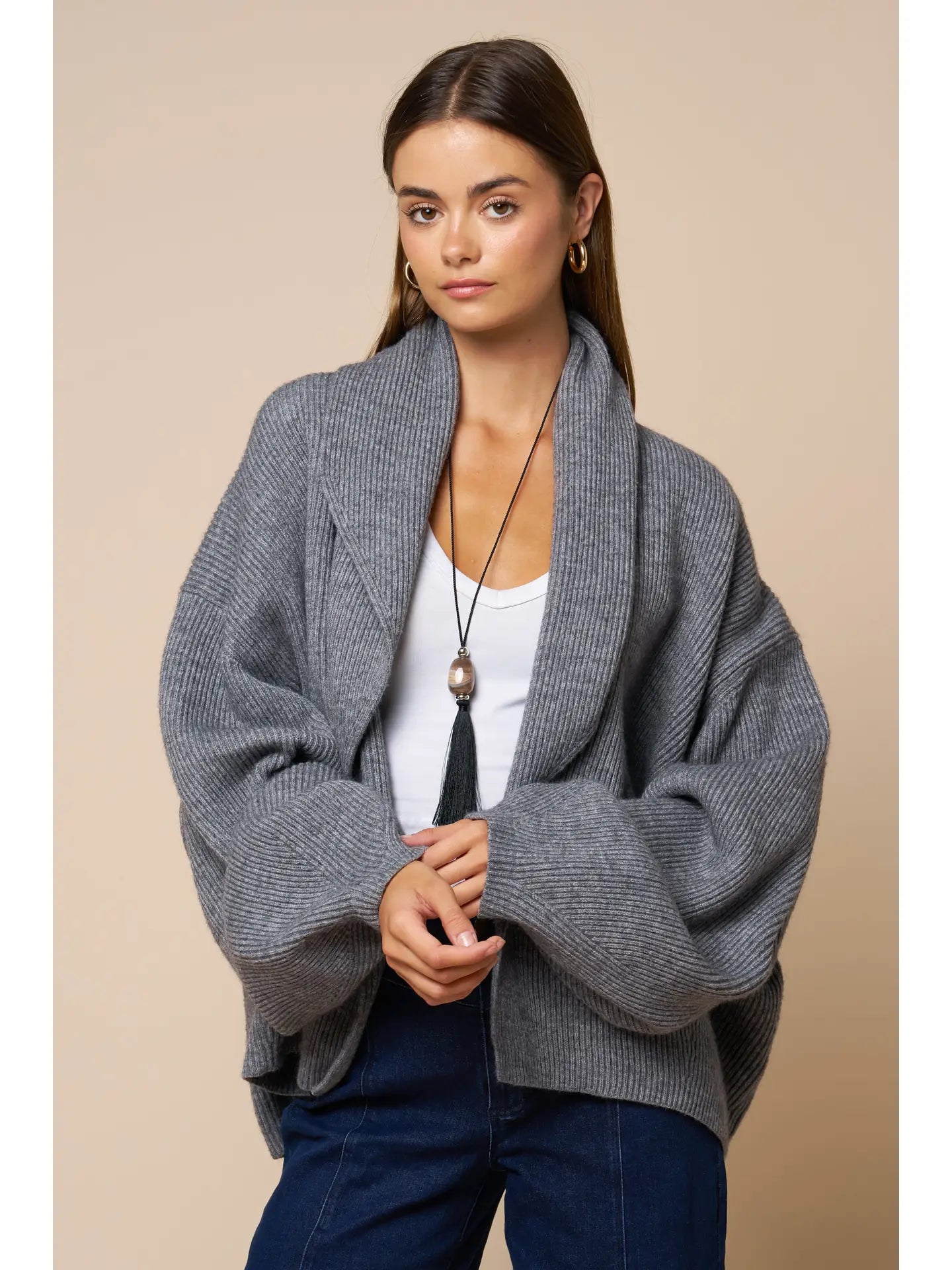 Shawl Collar Wrap Knit Cardigan, Grey