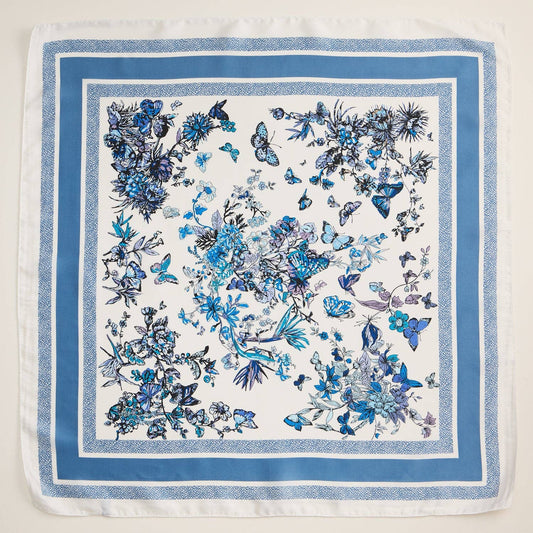 Floral Butterfly Square Scarf, Blue