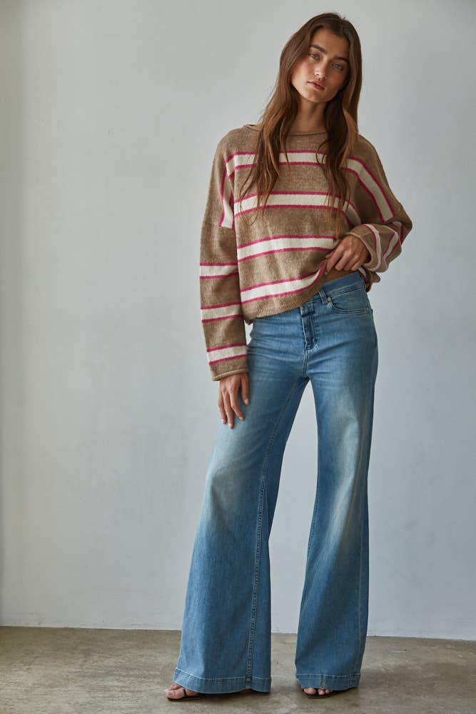 Striped Knit Sweater, Mocha Multi