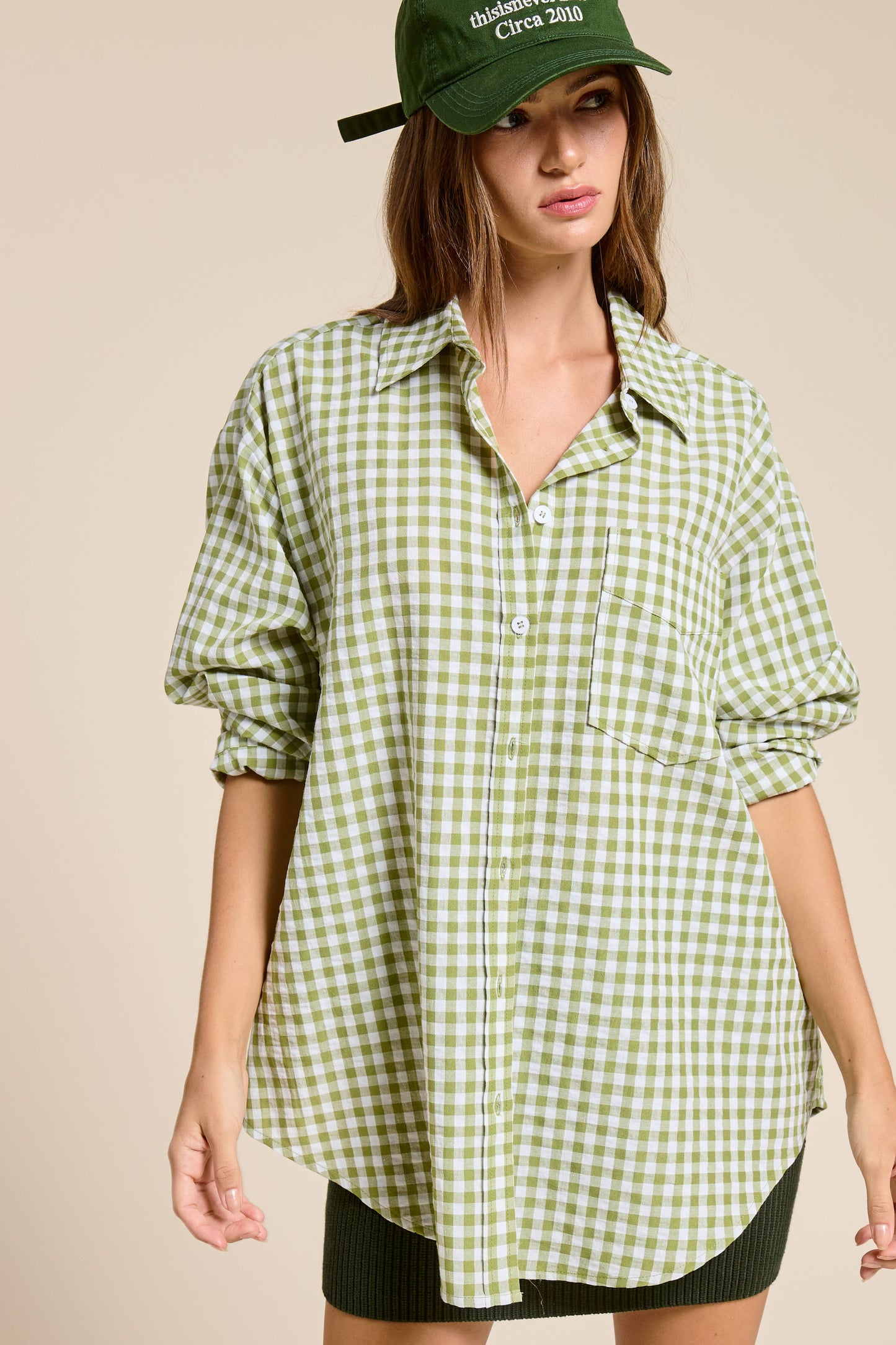 Oversized Gingham Button Down Shirt: Leaf green