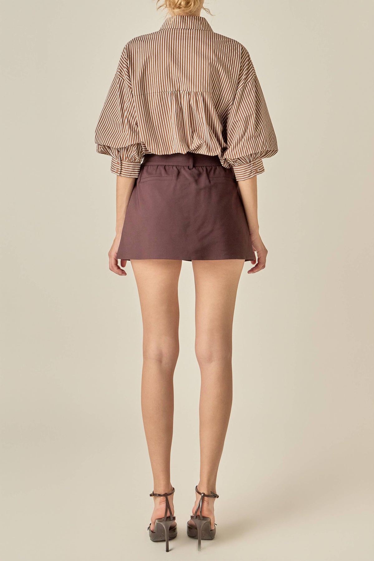 Striped Puff Sleeve Shirt - BROWN