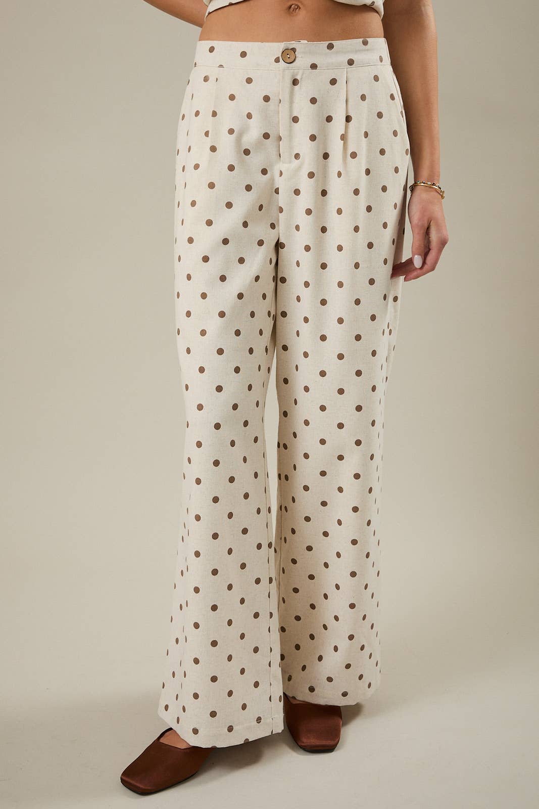 Hight Waist Straight Pant, Oatmeal and Mocha Polka Dot