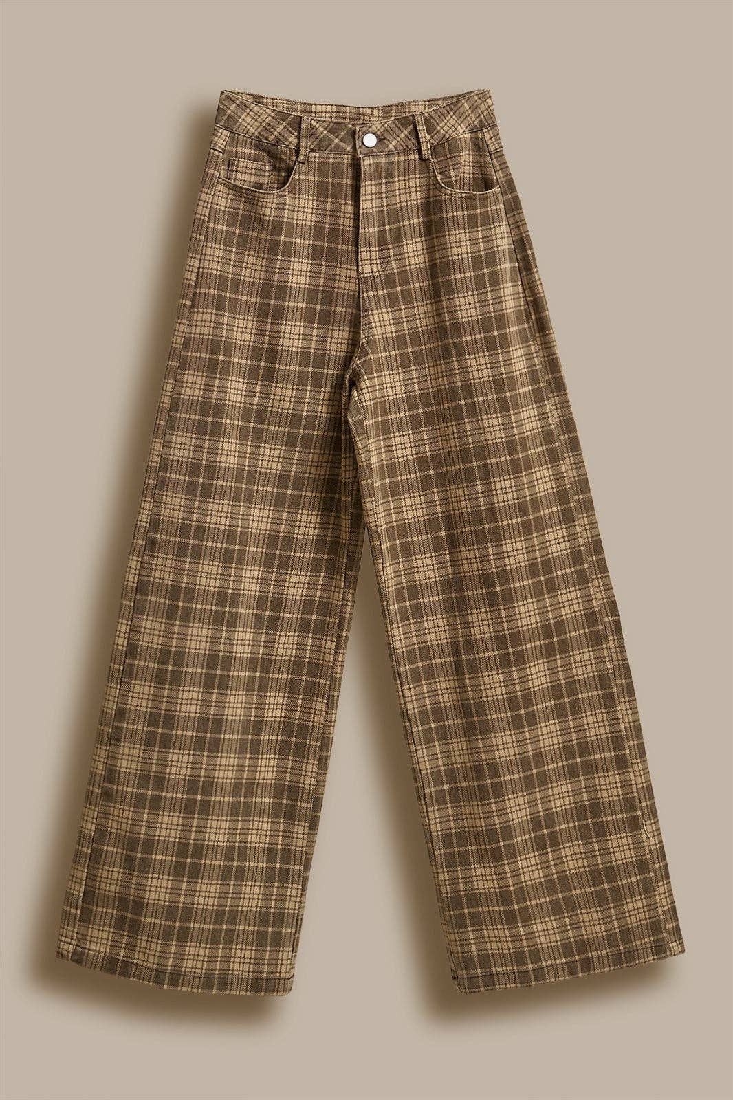 Glen Plaid Wide Leg Pants - Brown