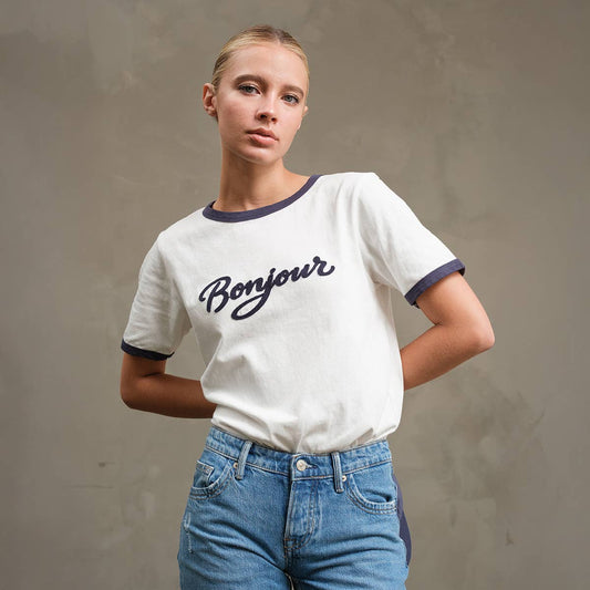 Bonjour Contrast Ringer Tee - RTK1036: WHITE/NAVY / S-M-L (3-2-1)