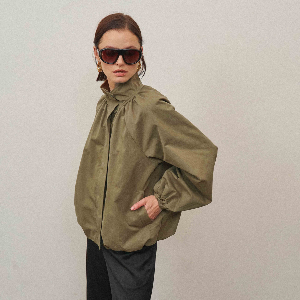 High Neck Gathered Jacket - Light Olive