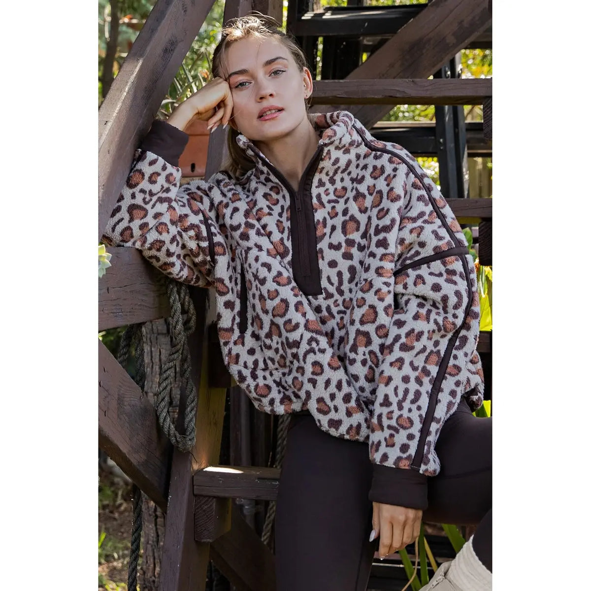 Animal Printed Sherpa Quarter Zip Jacket