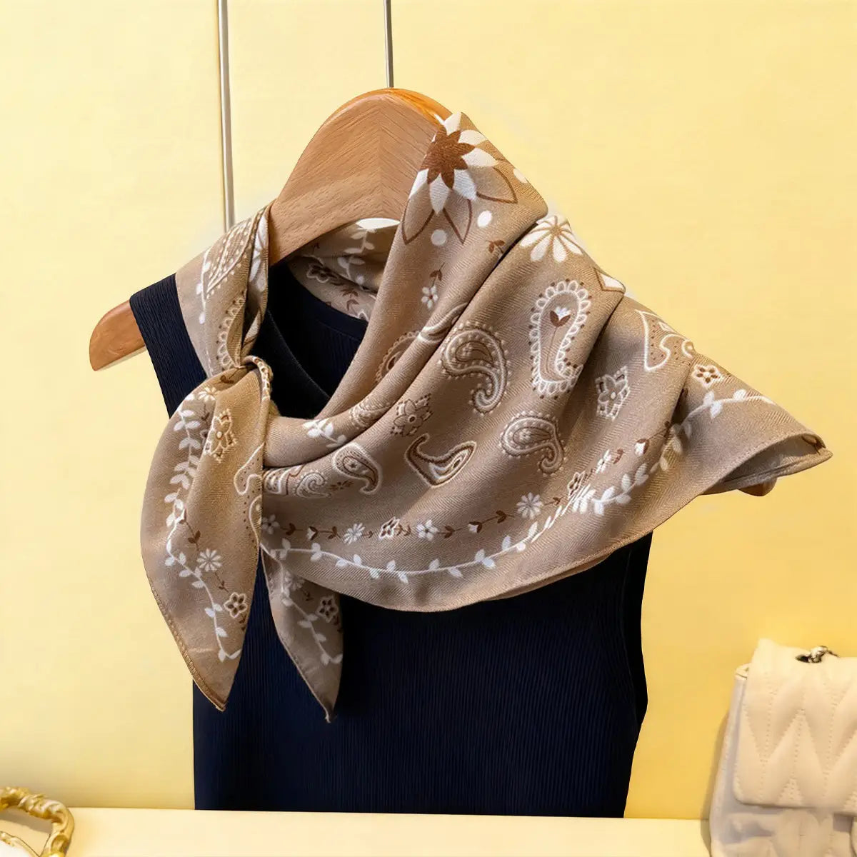 Vintage Paisley Silk Scarf- Light Brown