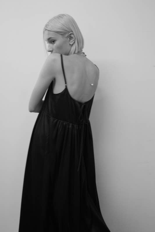 Satin Tie-back Midi Dress: Black