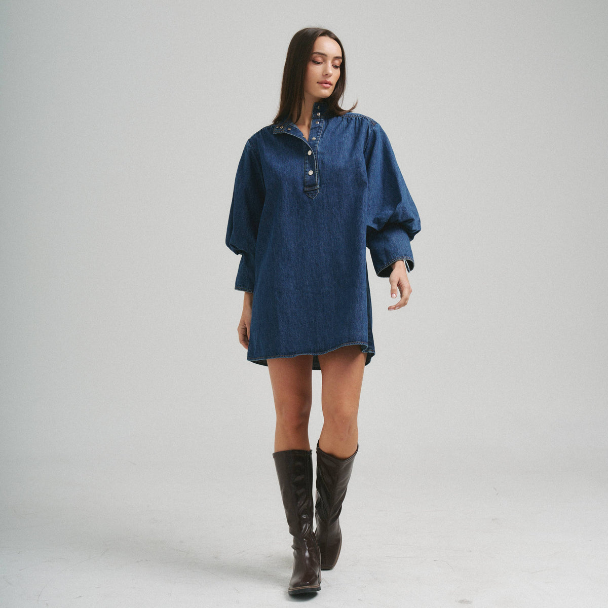 Quarter Sleeve Denim Dress - Dark Denim