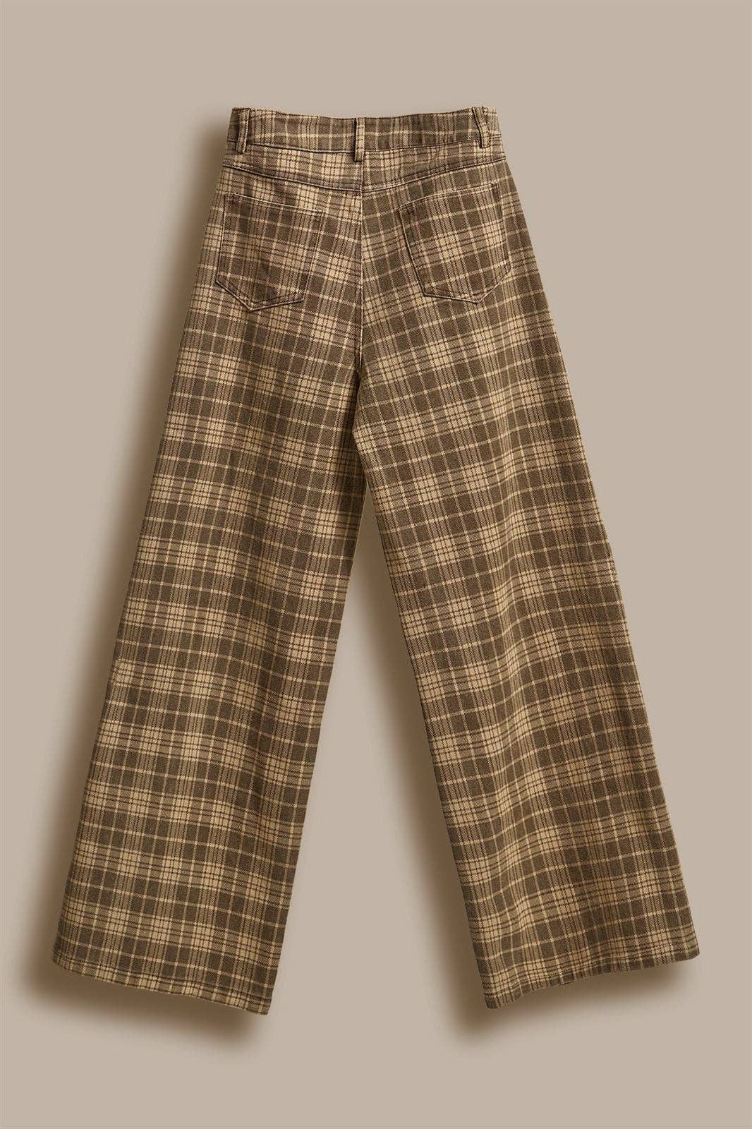 Glen Plaid Wide Leg Pants - Brown