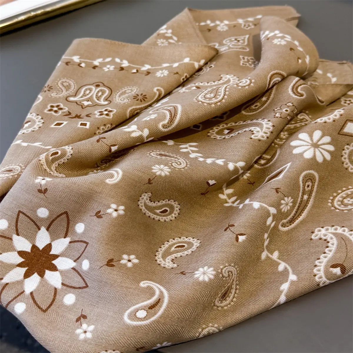 Vintage Paisley Silk Scarf- Light Brown