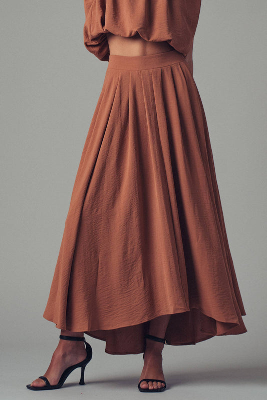 Pleated High-Waist Skirt, Camel