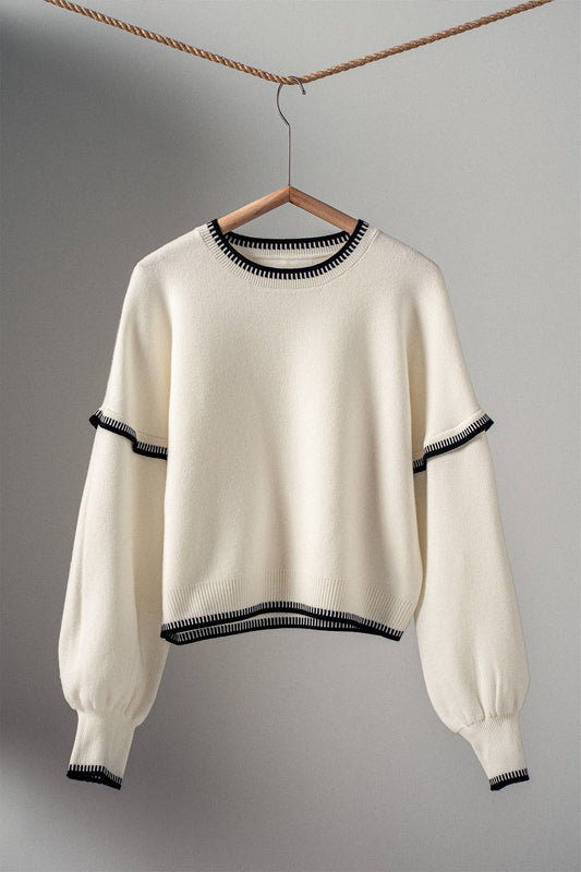 Western Contrast Trim Knit Top, Off White