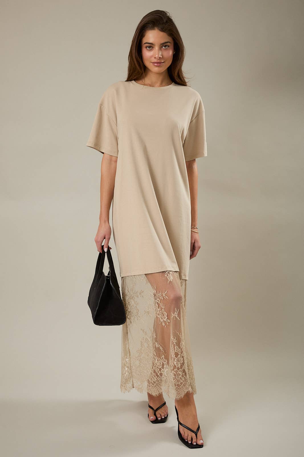 Round Neck Lace T-Shirt Maxi Dress, Taupe