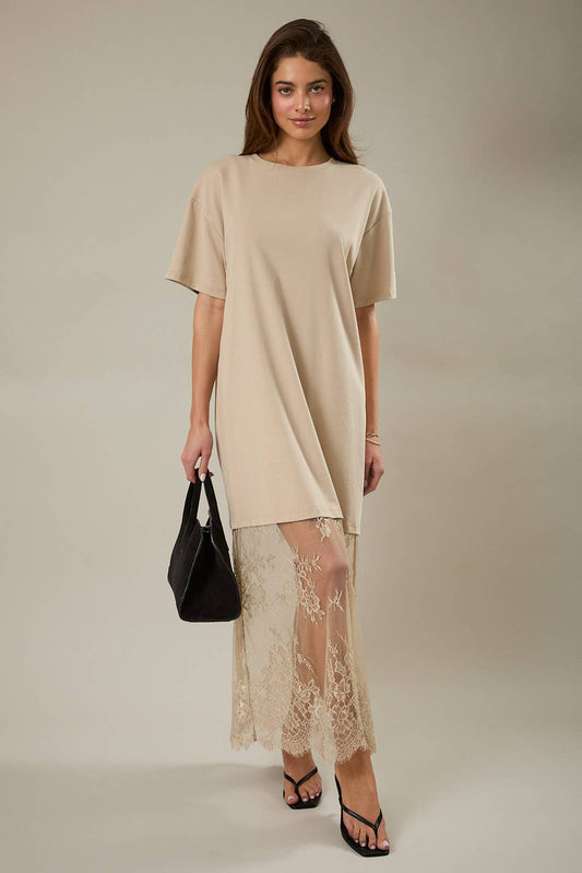 Round Neck Lace T-Shirt Maxi Dress, Taupe