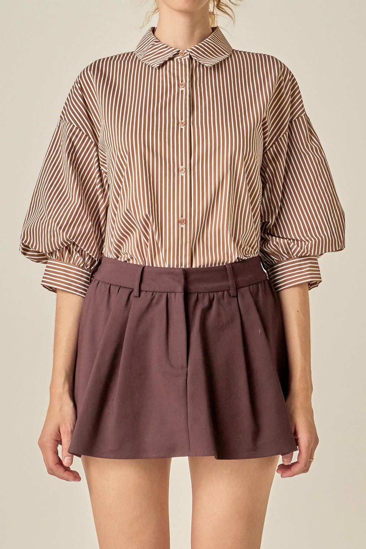 Striped Puff Sleeve Shirt - BROWN