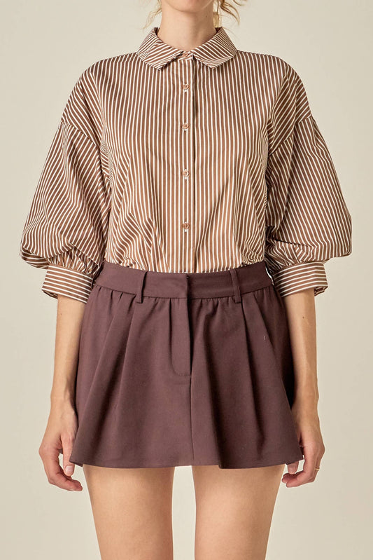 Striped Puff Sleeve Shirt - BROWN