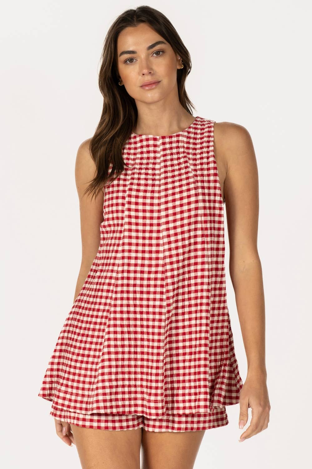 Gingham Sleeveless Romper - Brown