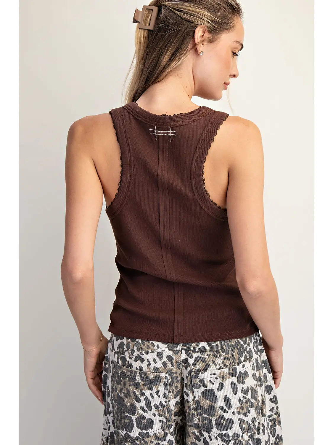 Lace Ribbed Everyday Tank, Chocolate