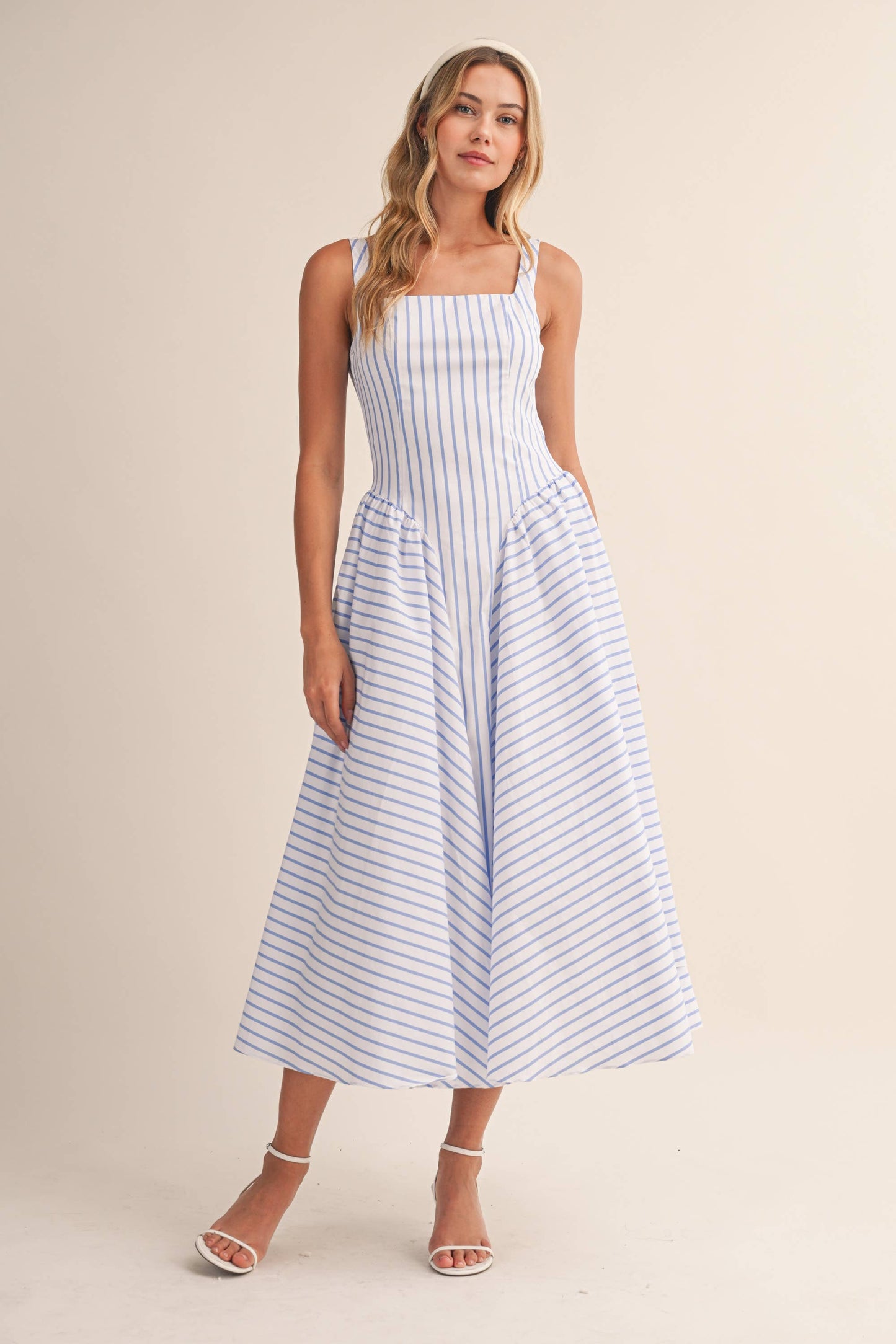 ID9896 STRIPED SLEEVELESS SIDE GATHERED FLARED MIDI DRESS: Blue / L