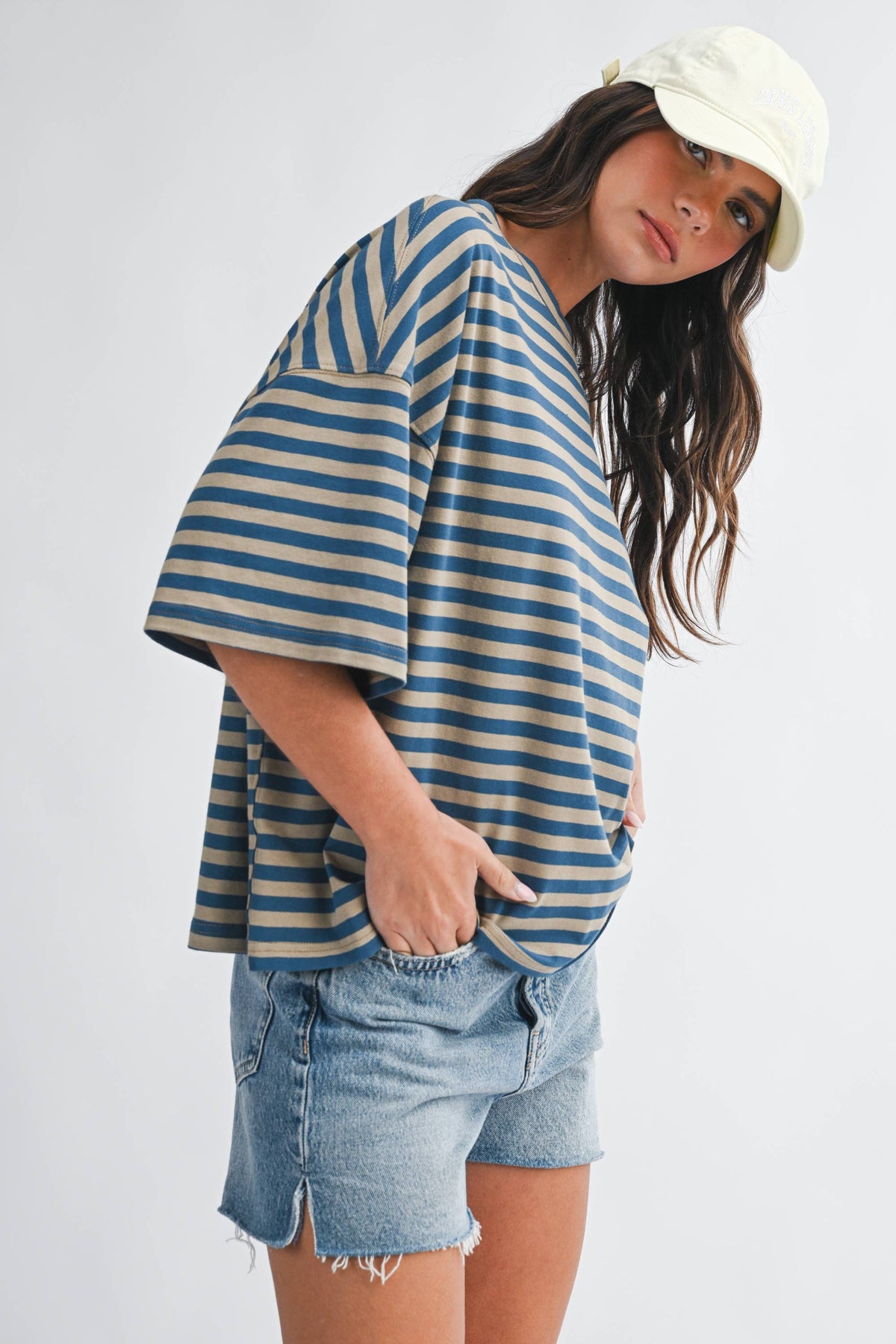 Oversized Stripe Boyfriend Tee - Tan and Blue