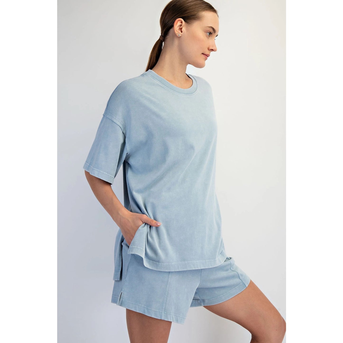 Mineral Washed Side Slit Short, Utility Blue