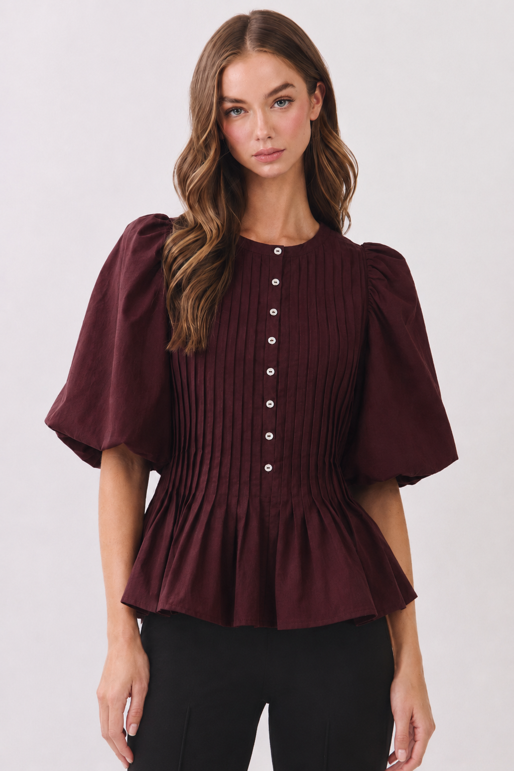Pintuck Peplum Blouse - Maroon