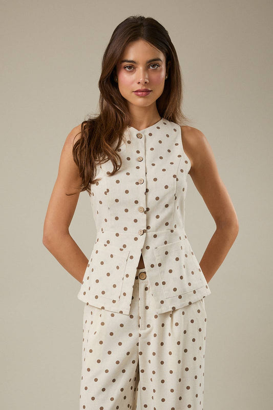 Sleeveless Button Down Vest, Oatmeal and Mocha Polka Dot