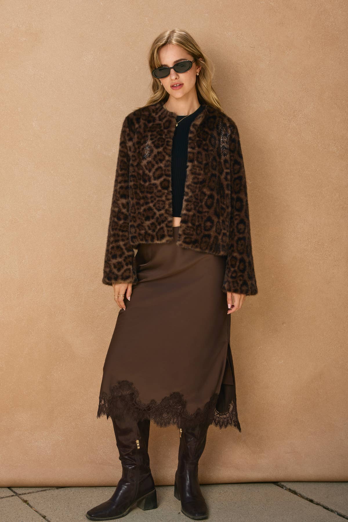 Satin Lace Hem Pencil Skirt, Dark Chocolate