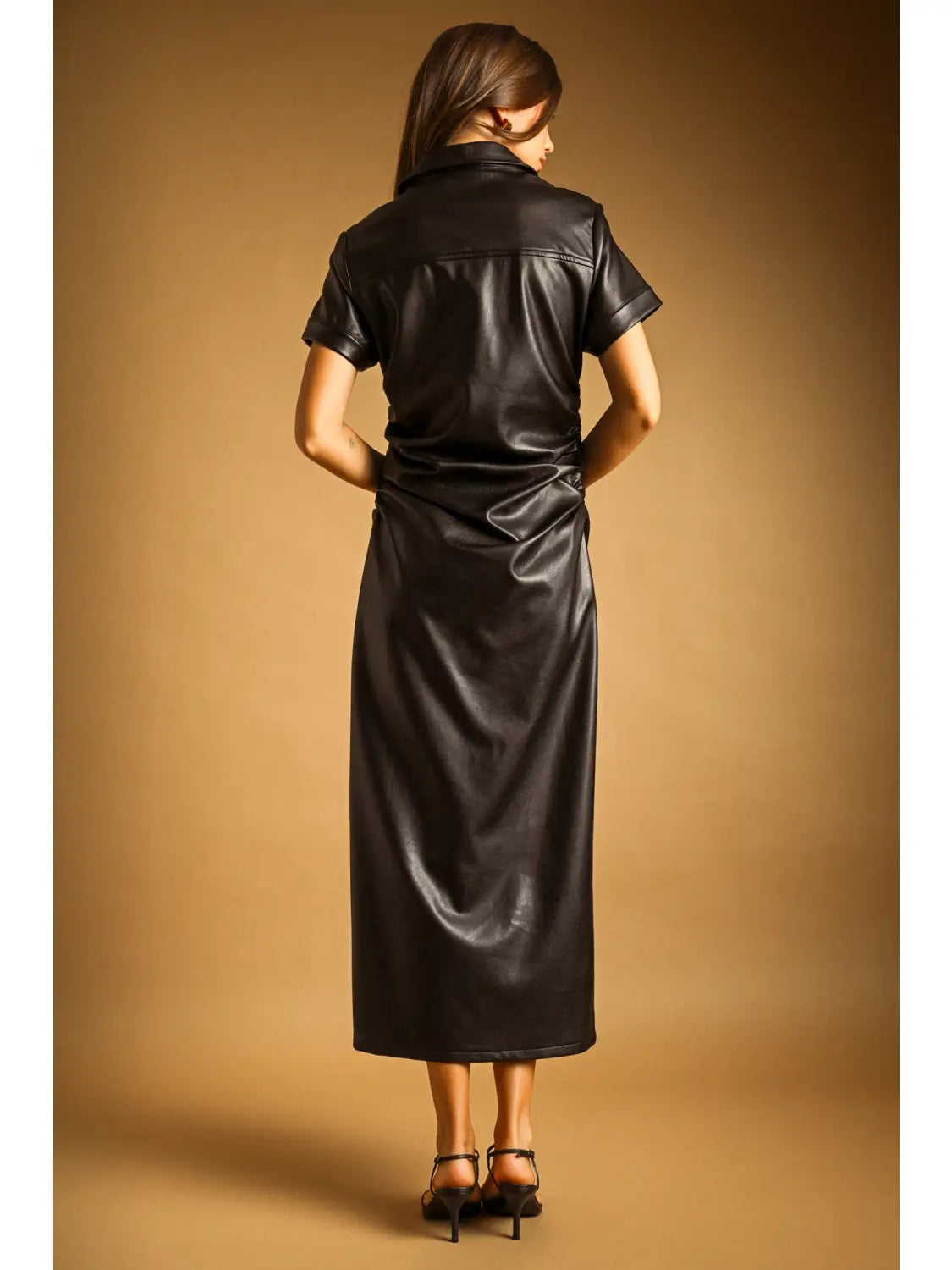 Faux Leather Button Down Dress - Black