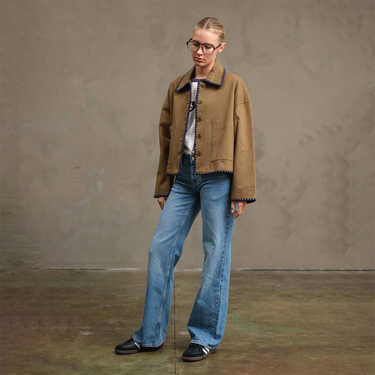 Collar Jacket with Contrast Stitching - RJ1044: OLIVE / S-M-L (3-2-1)