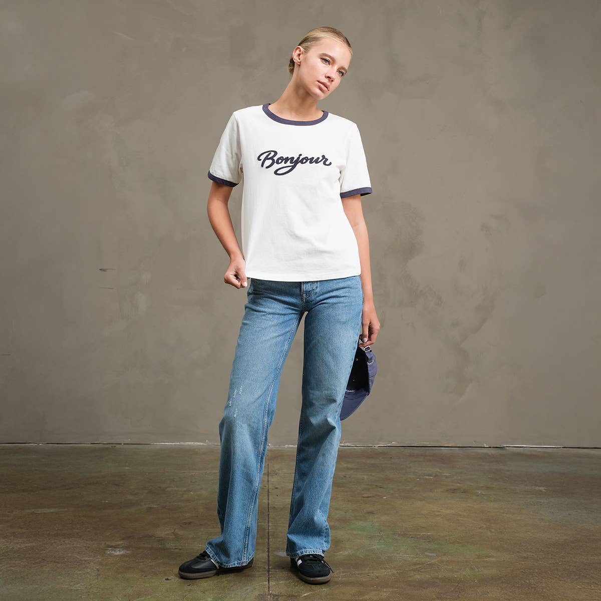 Bonjour Contrast Ringer Tee - RTK1036: WHITE/NAVY / S-M-L (3-2-1)