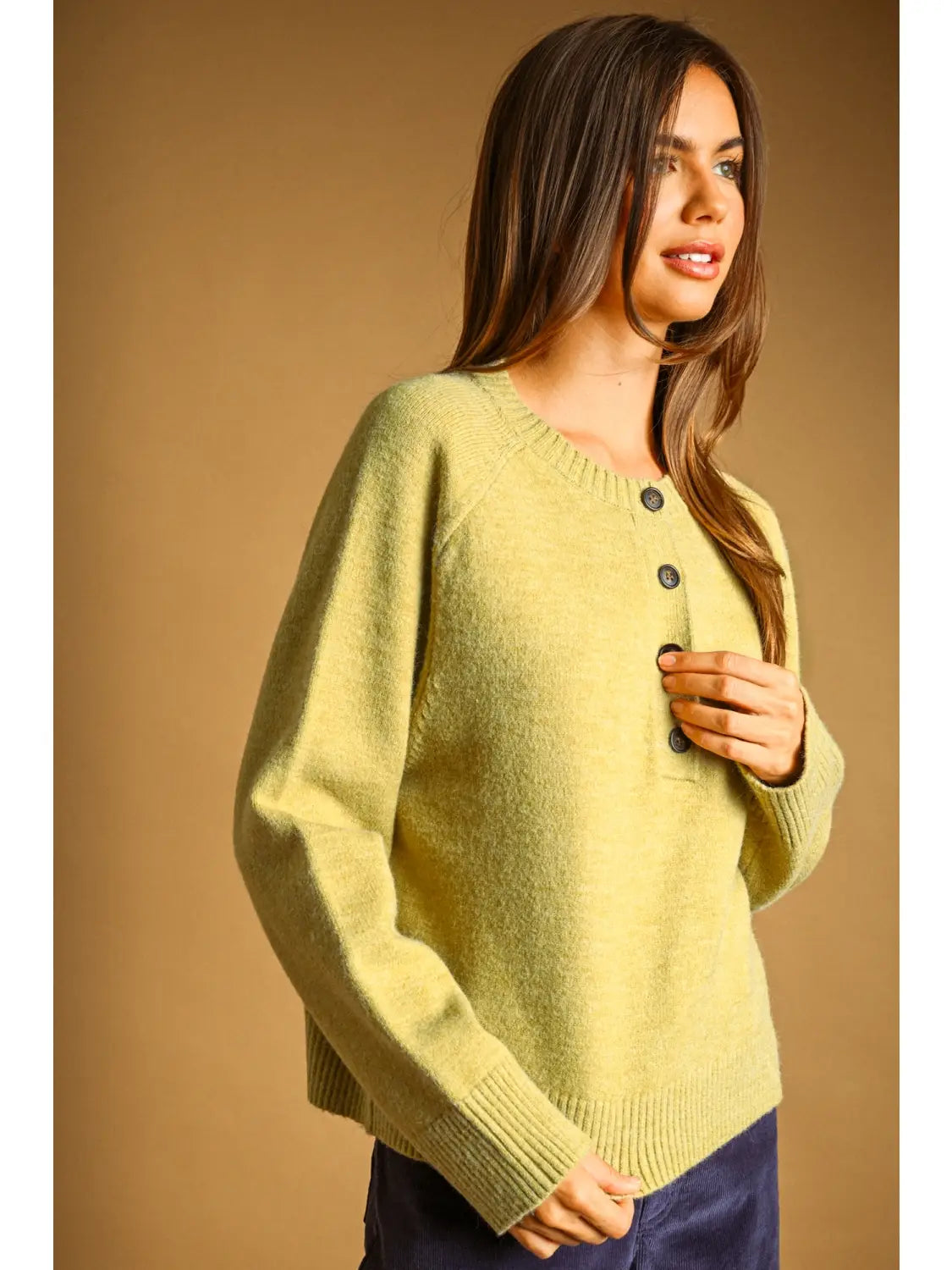 Half Button Sweater Top - Apple Green