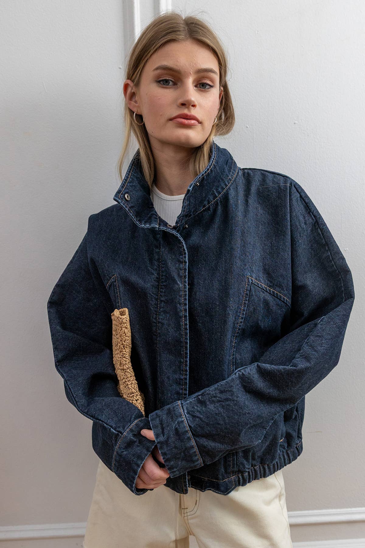 High Neck Denim Jacket - Dark Denim