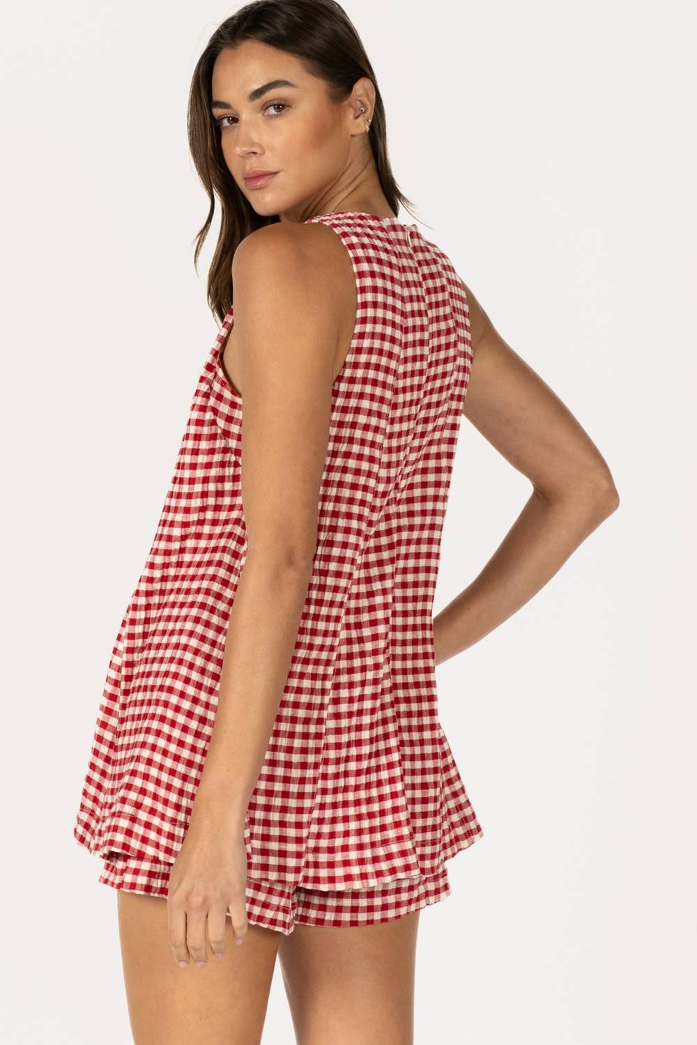 Gingham Sleeveless Romper - Brown