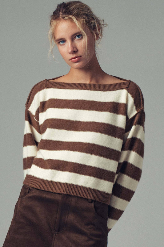 Striped Knit Crewneck Sweater, BROWN