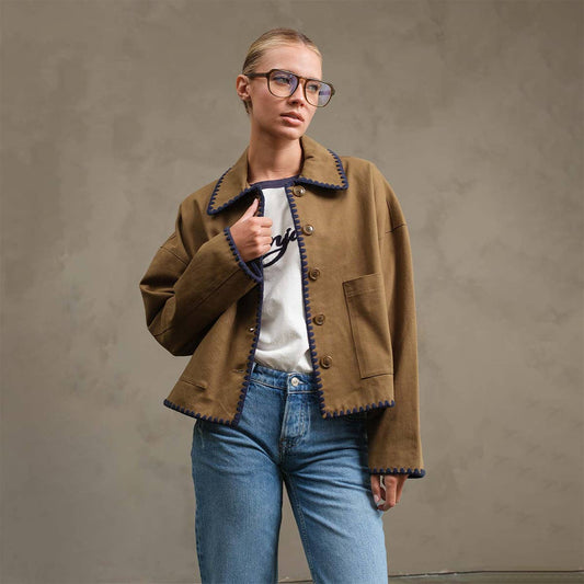 Collar Jacket with Contrast Stitching - RJ1044: OLIVE / S-M-L (3-2-1)