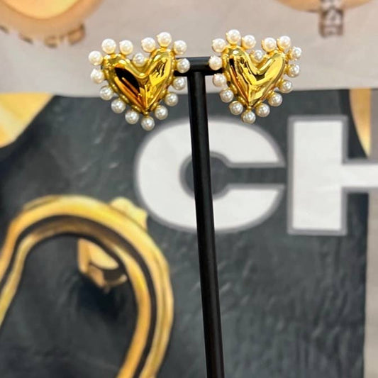 PEARL HEART EARRINGS, GOLD