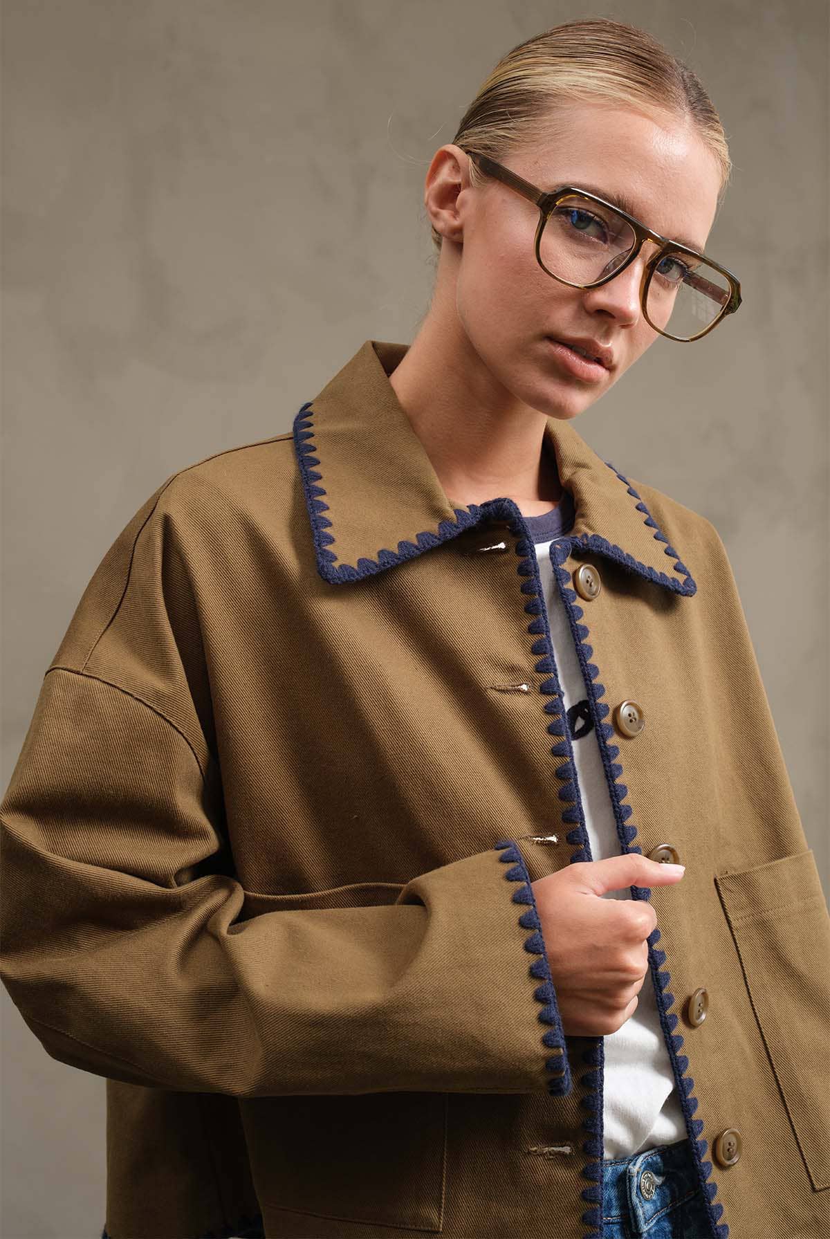 Collar Jacket with Contrast Stitching - RJ1044: OLIVE / S-M-L (3-2-1)