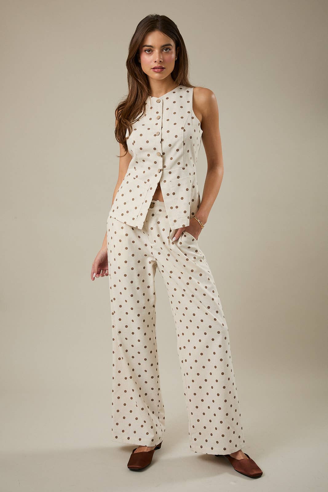 Sleeveless Button Down Vest, Oatmeal and Mocha Polka Dot